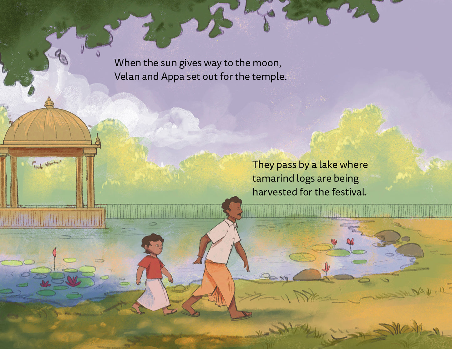 Illustration of a man and child walking by a lake with text overlay