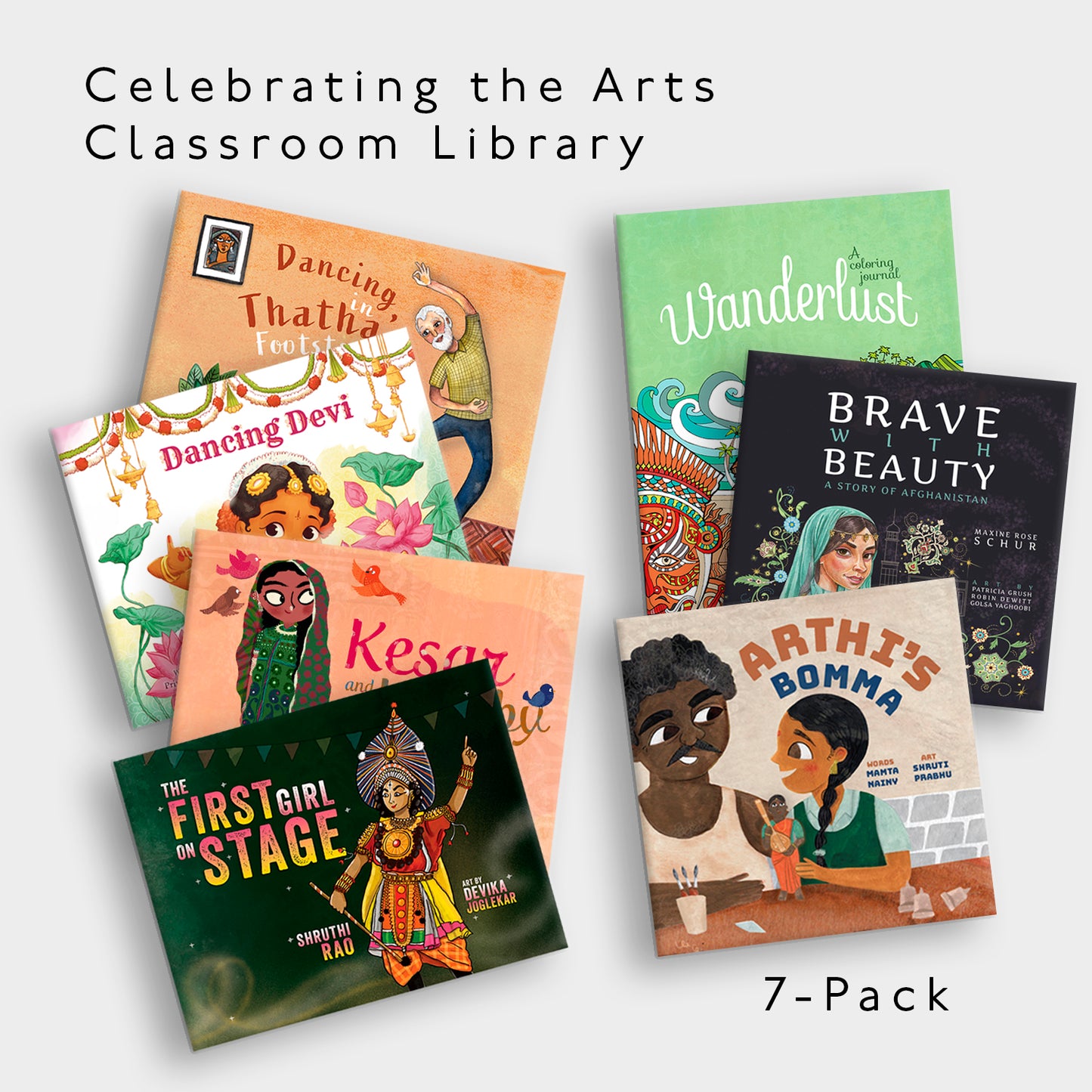 Collection of children's books on a white background with text 'Celebrating the Arts Classroom Library'.