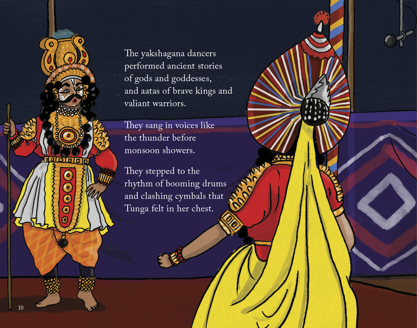 Illustration of two traditional yakshagana dancers with text on a dark background