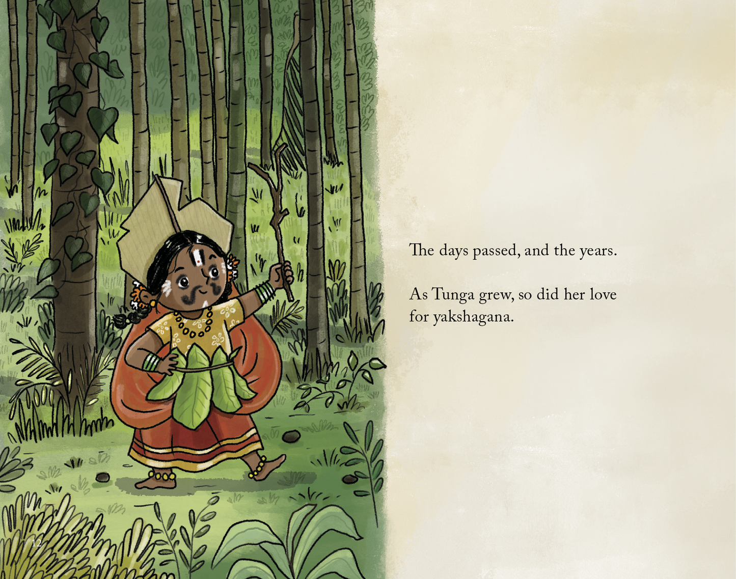 Illustration of a child in traditional attire in a forest with accompanying text.