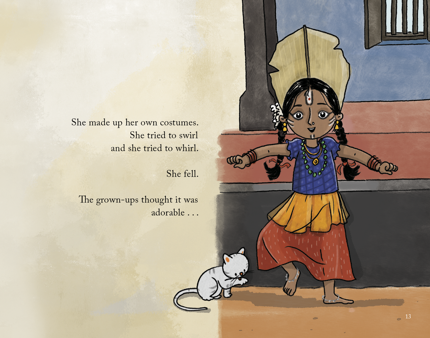 Illustration of a child in traditional attire with a cat, text overlay