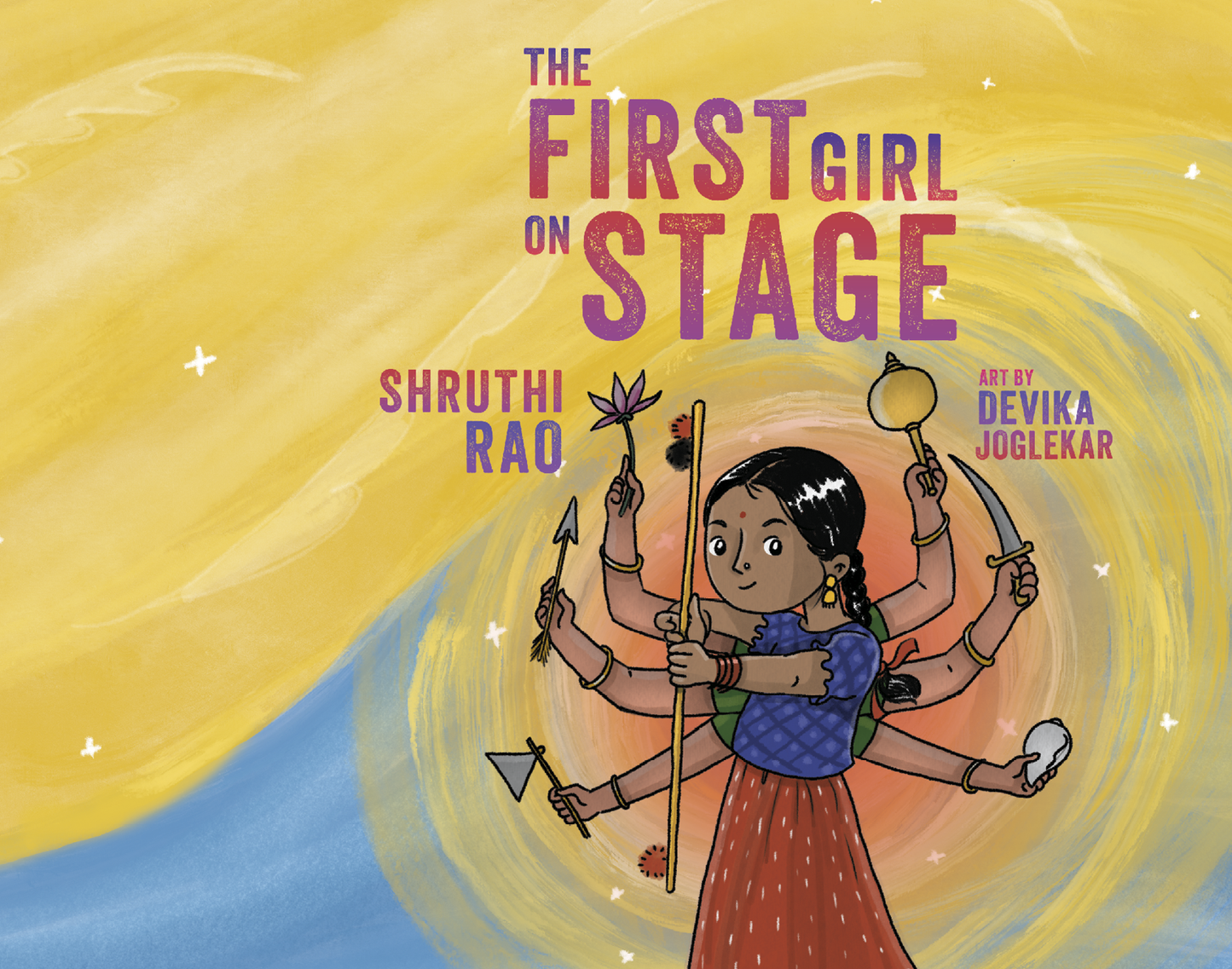 Title page of 'The First Girl on Stage' with a stylized illustration of a girl with multiple arms holding various objects against a yellow and blue background.