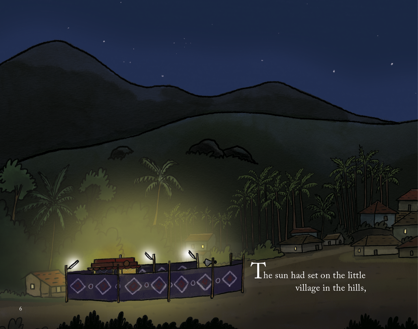 Nighttime scene of a village in the hills with mountains in the background.