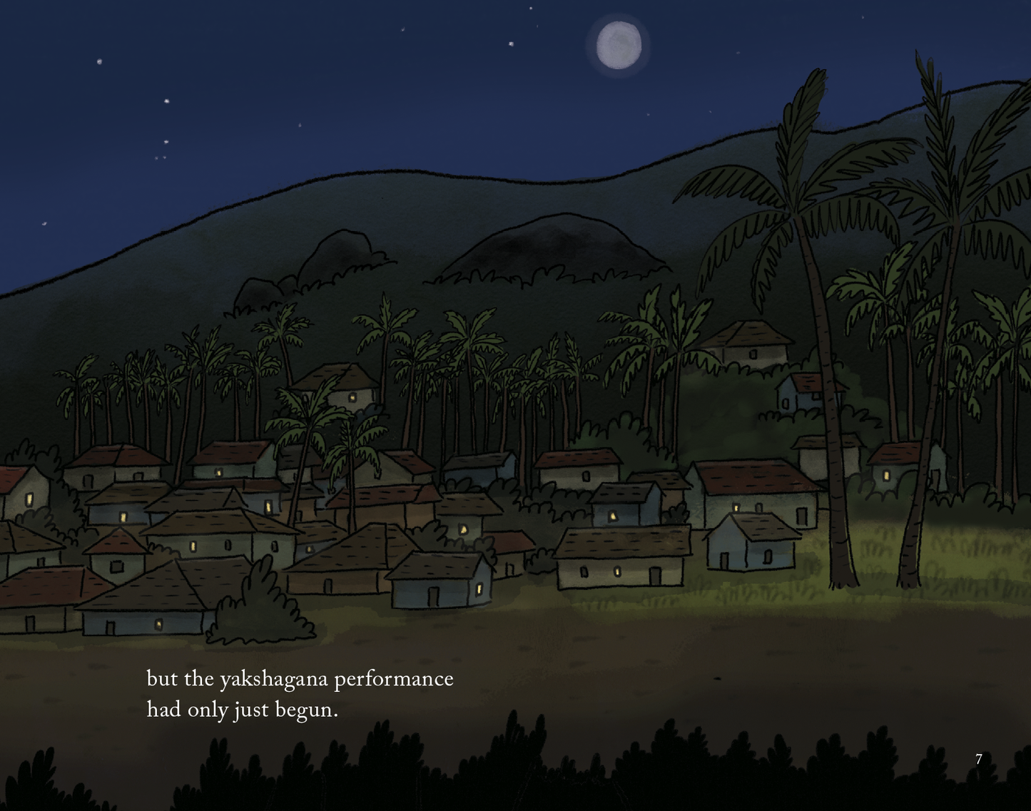 Nighttime village scene with palm trees and mountains, text overlay.