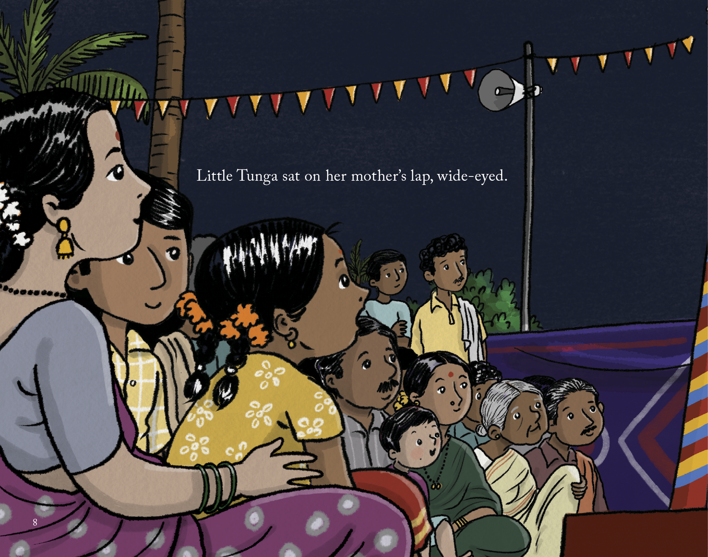 Illustration of a woman with her children at an outdoor event with colorful flags and a dark sky.
