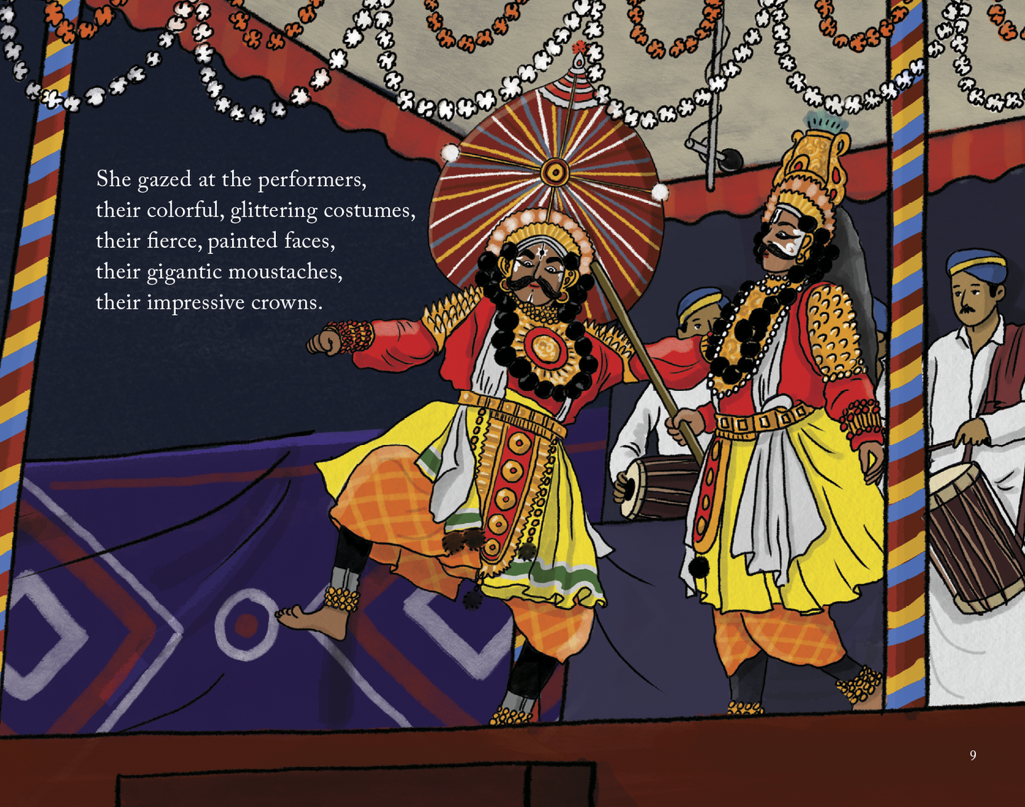 Illustration of yakshagana performers in colorful costumes with text on a decorative background