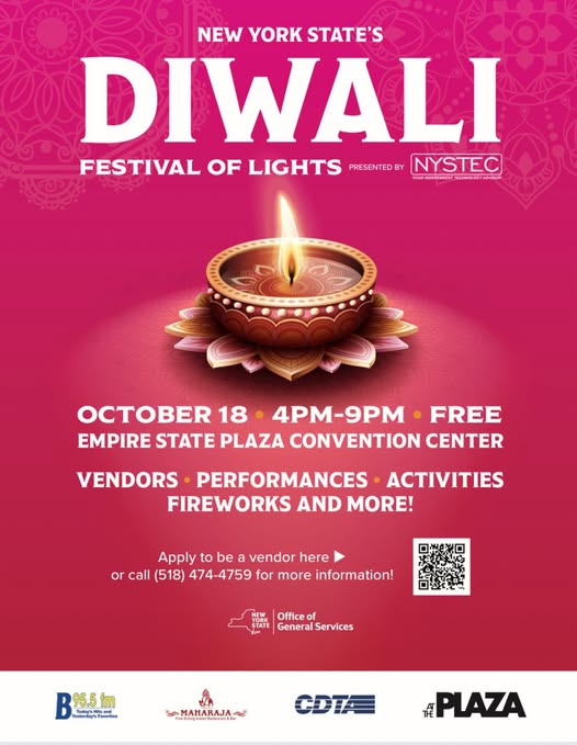 Promotional poster for New York State's Diwali Festival of Lights event with a lit diya on a pink background.