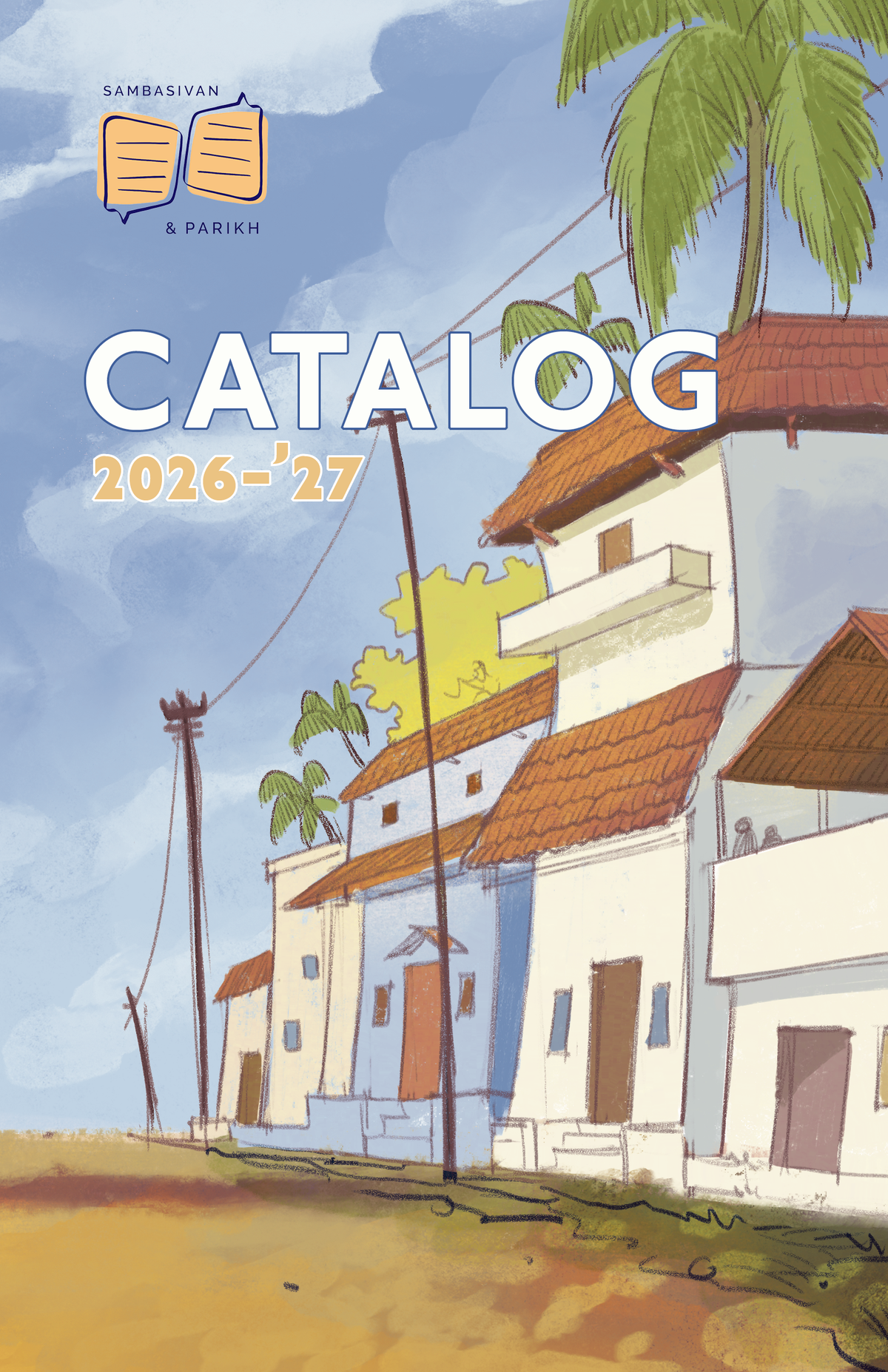 A painted village scene with white and blue buildings, terracotta roofs, palm trees, utility poles, and a sandy foreground under a blue sky
