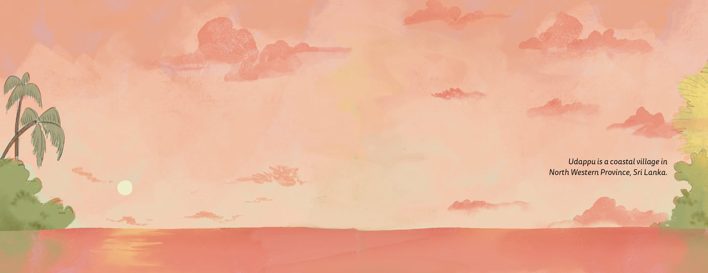 coastal landscape with pastel colors, palm trees, and a sun.