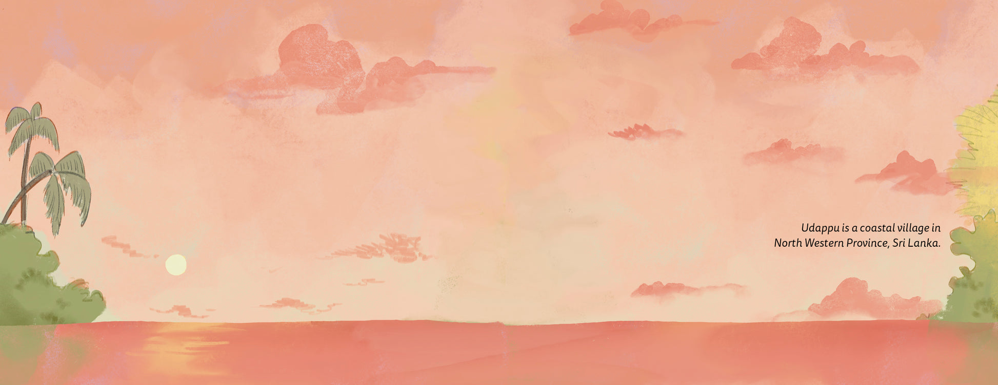 coastal landscape with pastel colors, palm trees, and a sun.