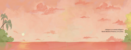 coastal landscape with pastel colors, palm trees, and a sun.