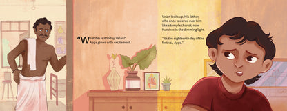 Illustration of Appa and Velan in a room with text overlay.