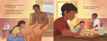 Illustration of a family scene with Amma helping Appa. velan pushes his food away.