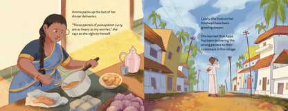 Illustration of Amma preparing food and a village scene with text.