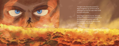Illustration of appa's eyes against a bed of hot coals and a silhouette figure walking across 