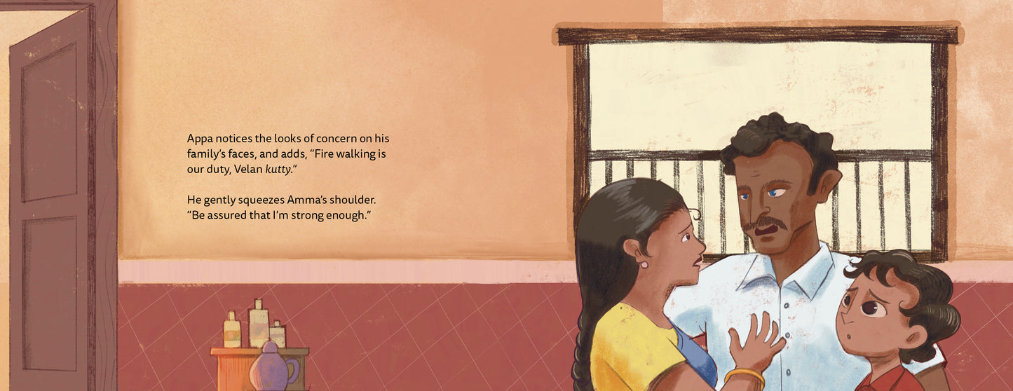 Illustration of a family scene with a father, mother, and child in a room.