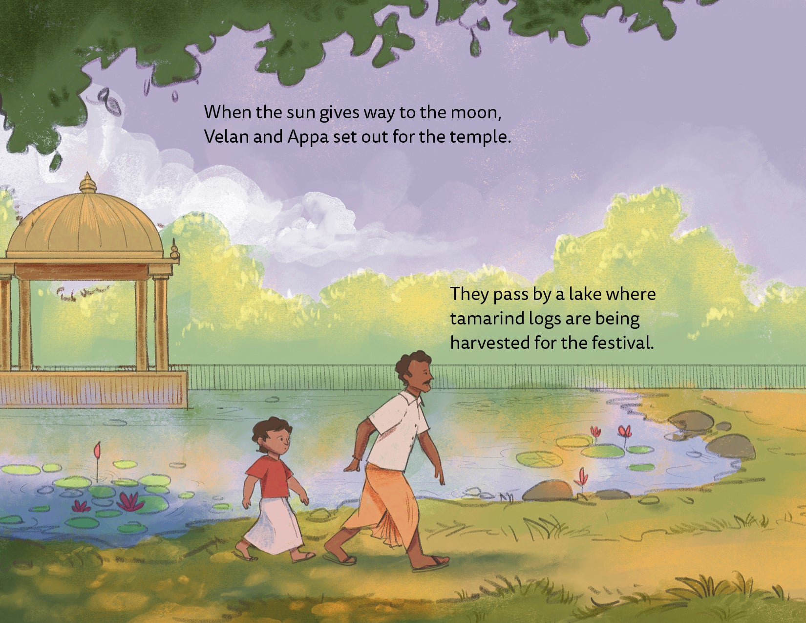 Illustration of a man and child walking by a lake with text overlay