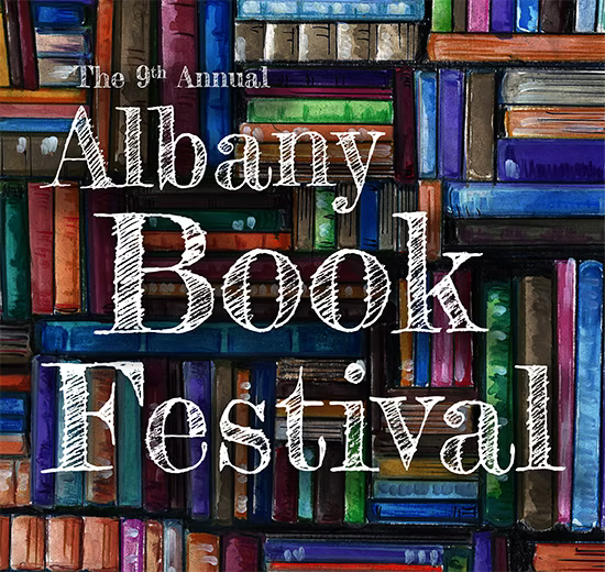 Promotional graphic for The 9th Annual Albany Book Festival, featuring large white hand-drawn style text overlaid on a colorful painted background of book spines.