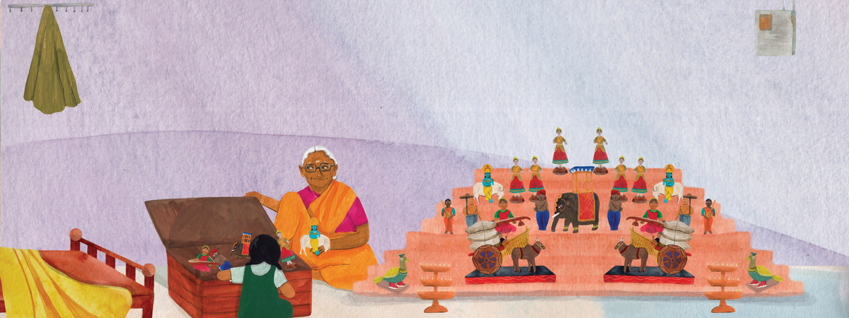 Arthi and grandmother setting up a Navaratri golu