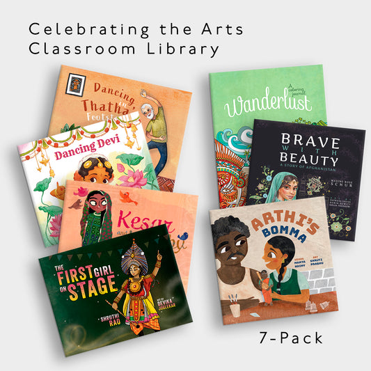 Collection of children's books on a white background with text 'Celebrating the Arts Classroom Library'.