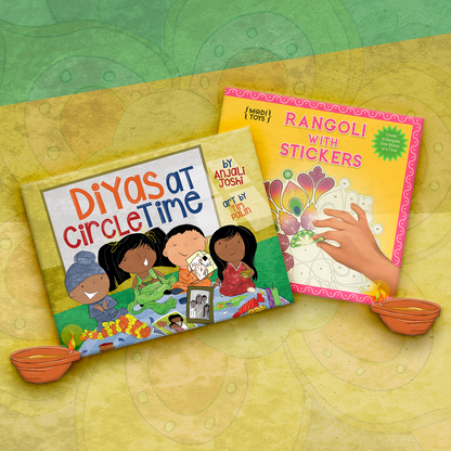 Diyas at Circle Time and Rangoli with Stickers (Modi Toys) on a colorful background