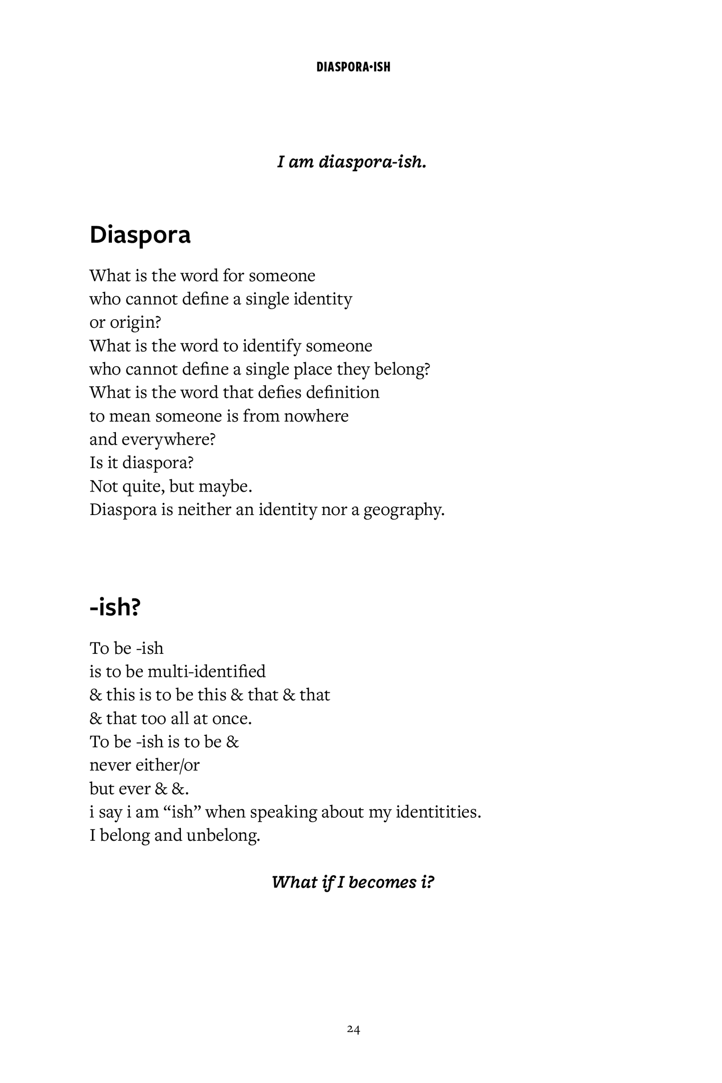 Text document with reflections on identity and belonging titled 'Diaspora' and '-ish?'