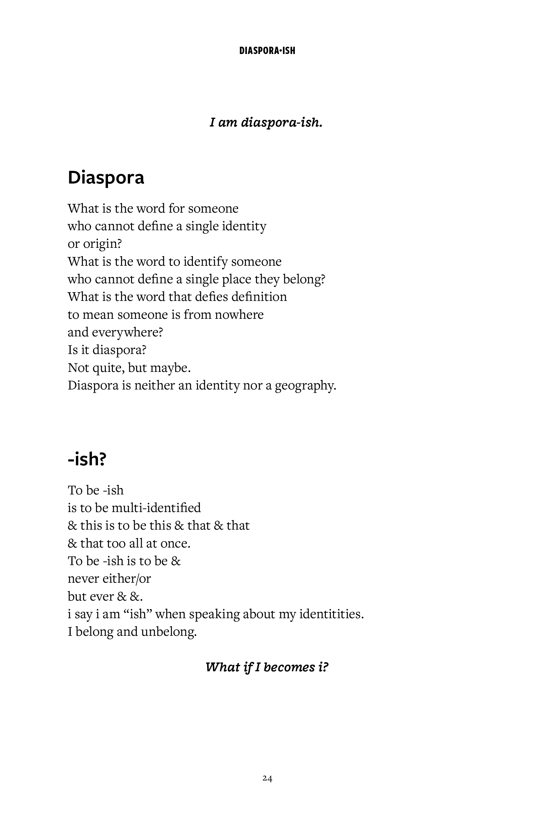 Text document with reflections on identity and belonging titled 'Diaspora' and '-ish?'