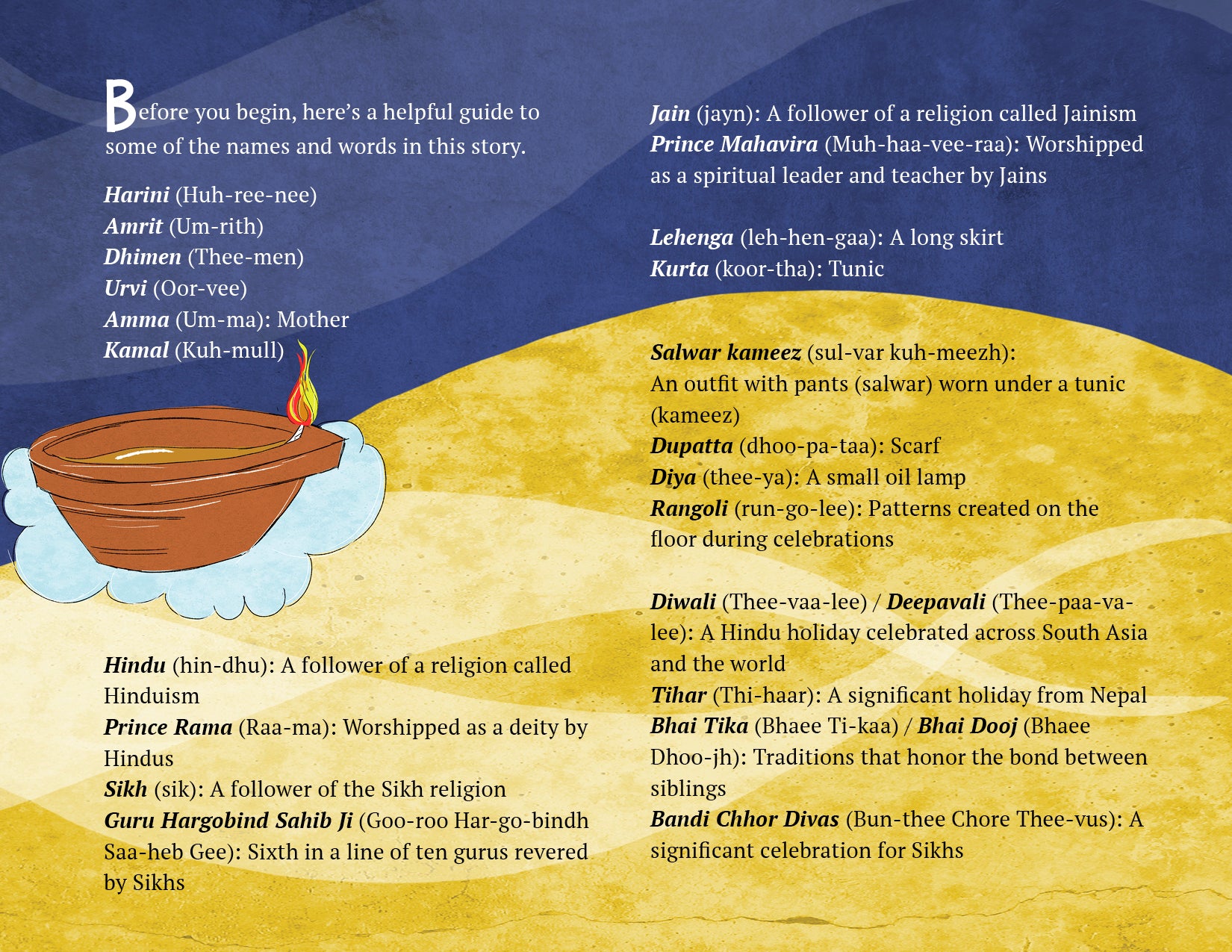 Glossary with names, pronunciation, and meanings of religious terms and figures on a blue and yellow background.
