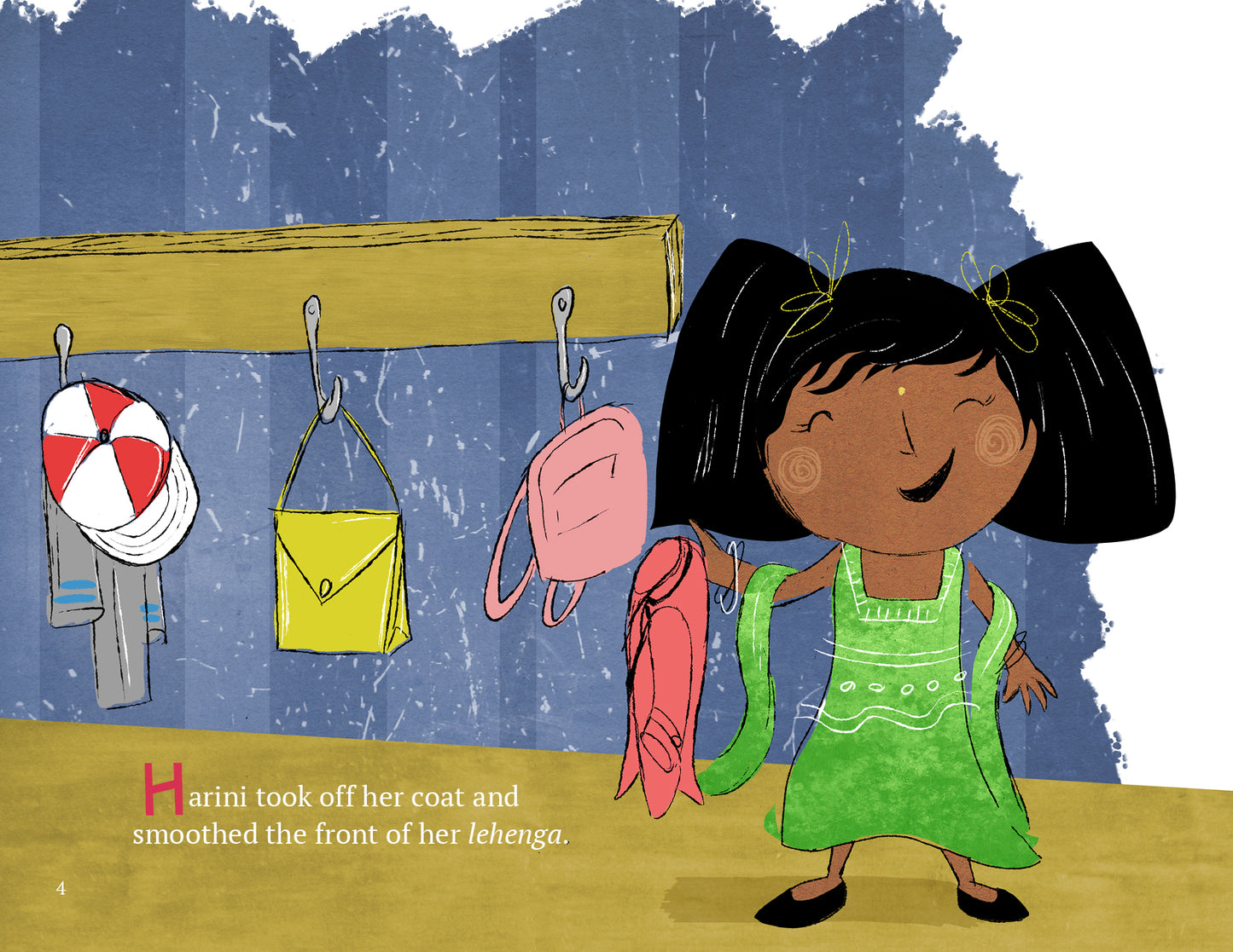 Illustration of a girl in a green dress standing next to a coat rack with bags on a blue wall.