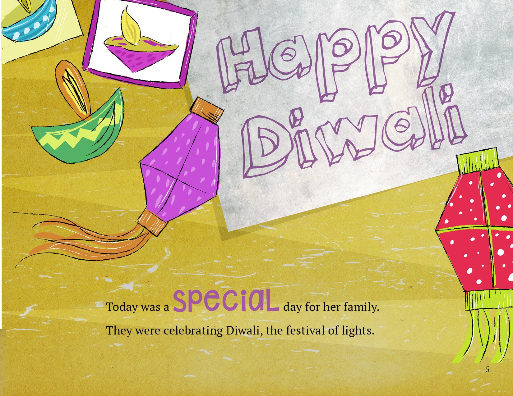 Page about celebrating Diwali with colorful lanterns, diyas, and text.