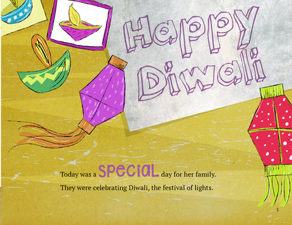 Page about celebrating Diwali with colorful lanterns, diyas, and text.