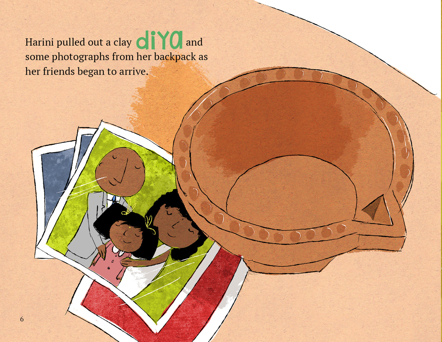 Illustration of a clay diya and photographs on a beige background with text.