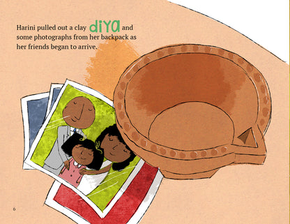 Illustration of a clay diya and photographs on a beige background with text.