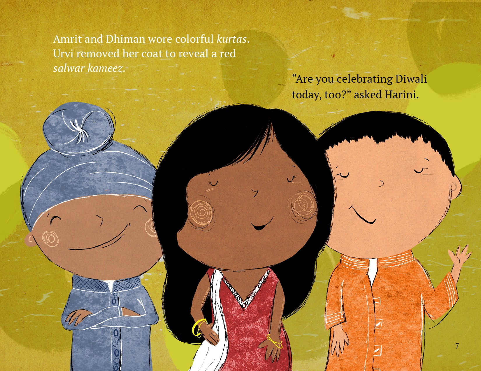 Illustration of three children with text on a green-yellow background