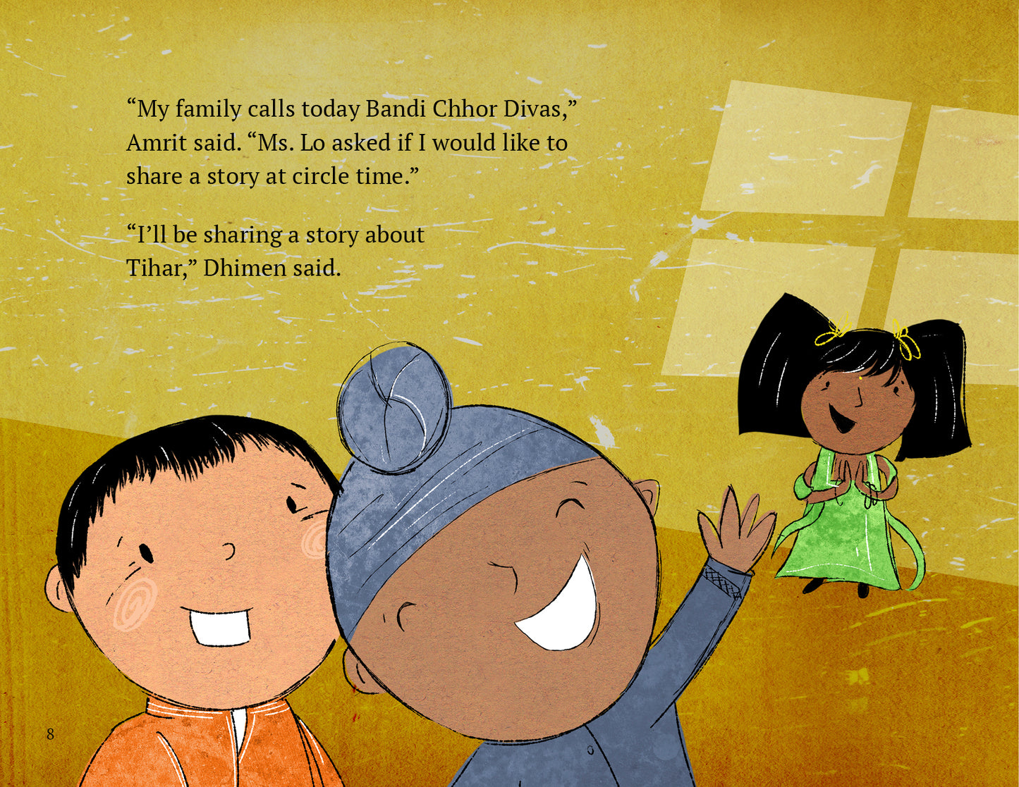 Illustration of children with text about Bandi Chhor Divas and Tihar, on a yellow background.