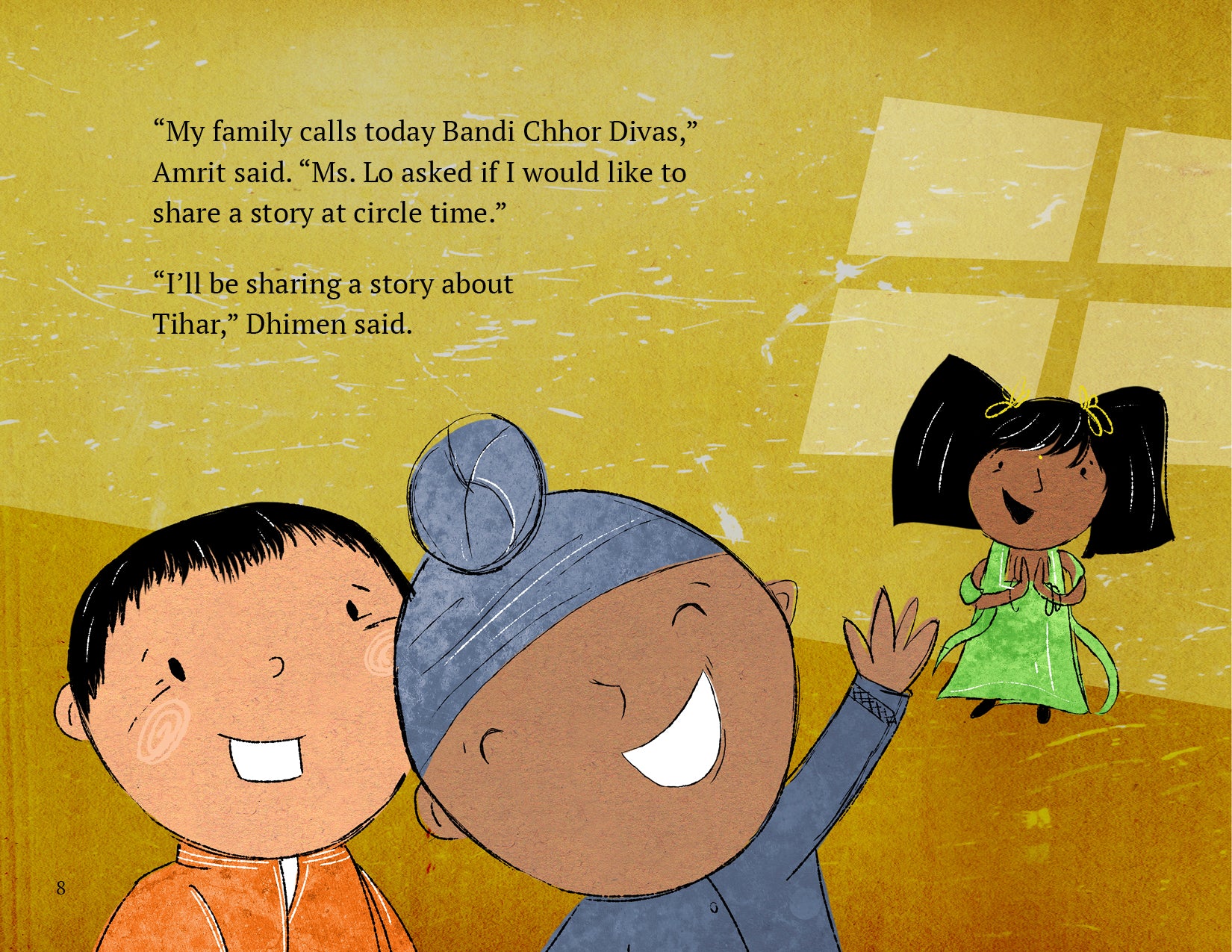 Illustration of children with text about Bandi Chhor Divas and Tihar, on a yellow background.