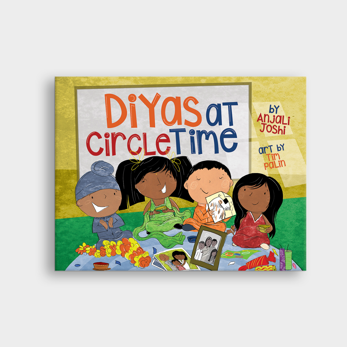Book cover of 'Diyas at Circle Time' with children around a mat.