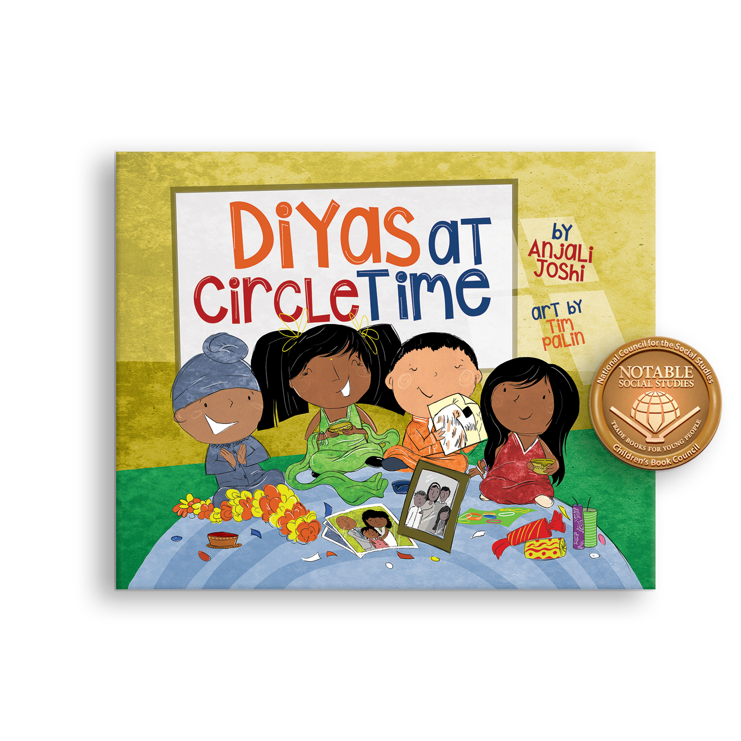 Book cover of 'Diyas at Circle Time' with illustrations of children and Notable Social Studies Award Seal