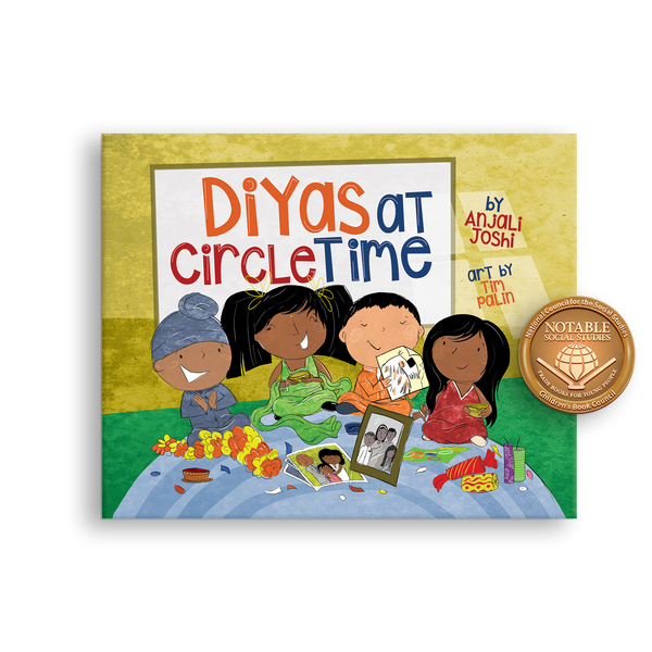 Book cover of 'Diyas at Circle Time' with illustrations of children and Notable Social Studies Award Seal
