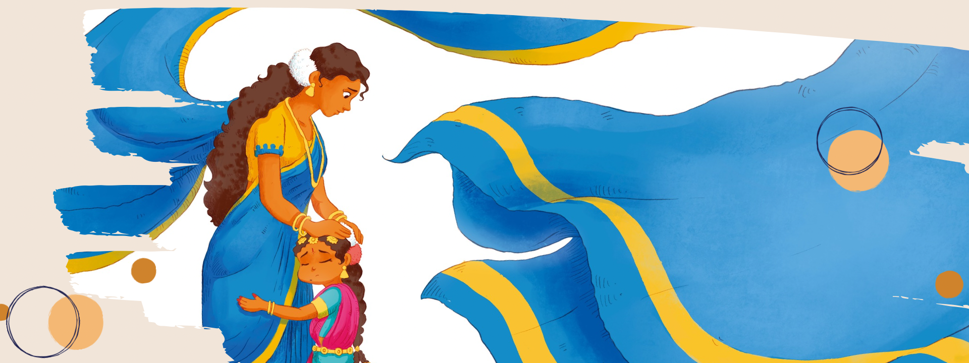 Illustration of a woman and child surrounded by a sari pally on a beige background