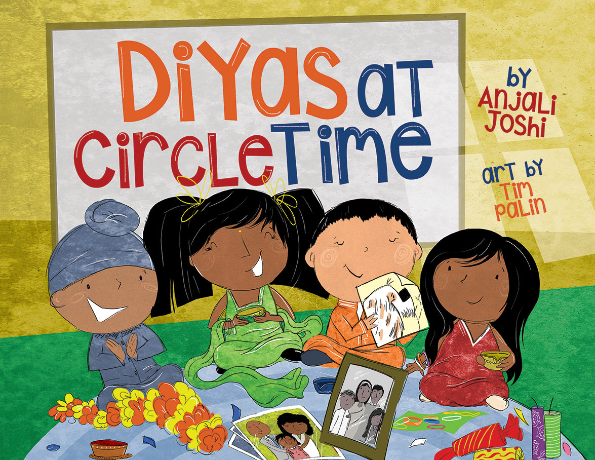 Book cover of 'Diyas at Circle Time' with children sitting around a mat and a board in the background.
