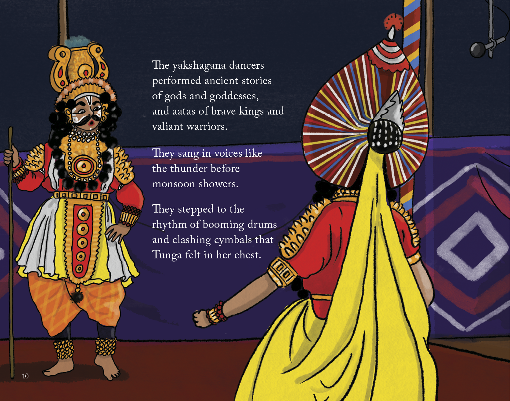Illustration of two traditional yakshagana dancers with text on a dark background