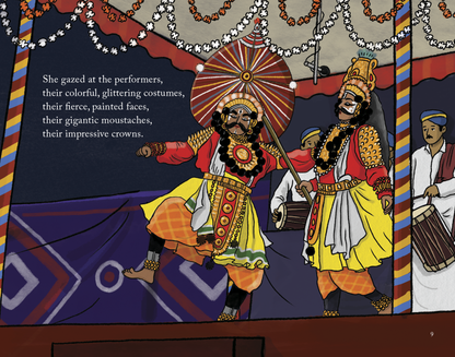 Illustration of yakshagana performers in colorful costumes with text on a decorative background