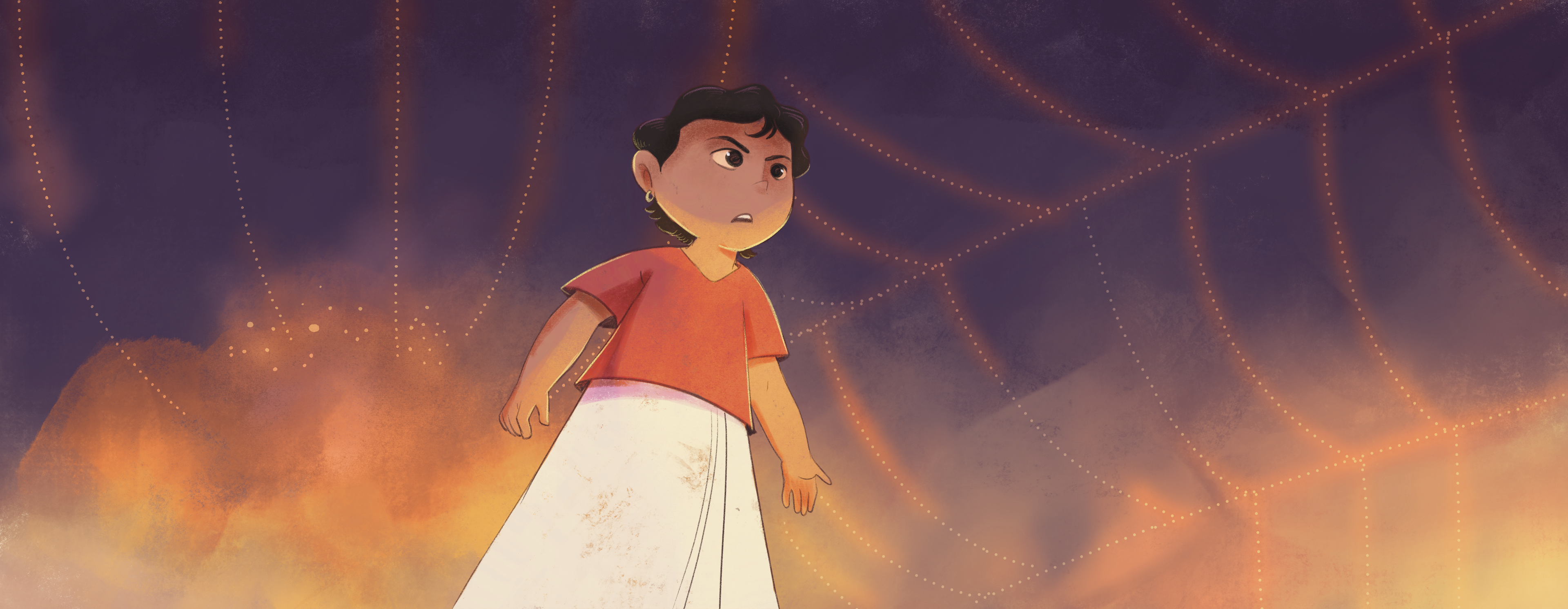 Velan in an orange shirt and white mundu standing in a fiery landscape with string lights in the sky.