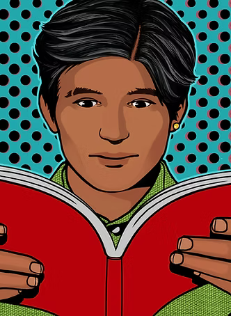 Pop-art style illustration of a person holding an open red book, with a teal background filled with black polka dots.