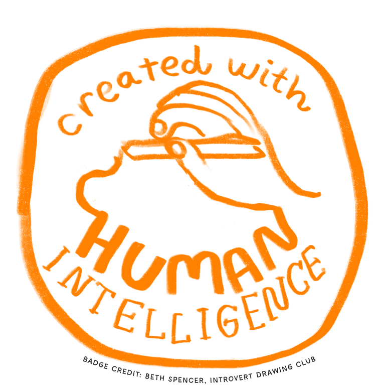 Orange logo with a stylized hand and text 'Created with Human Intelligence' on a white background. Credit Beth Spencer