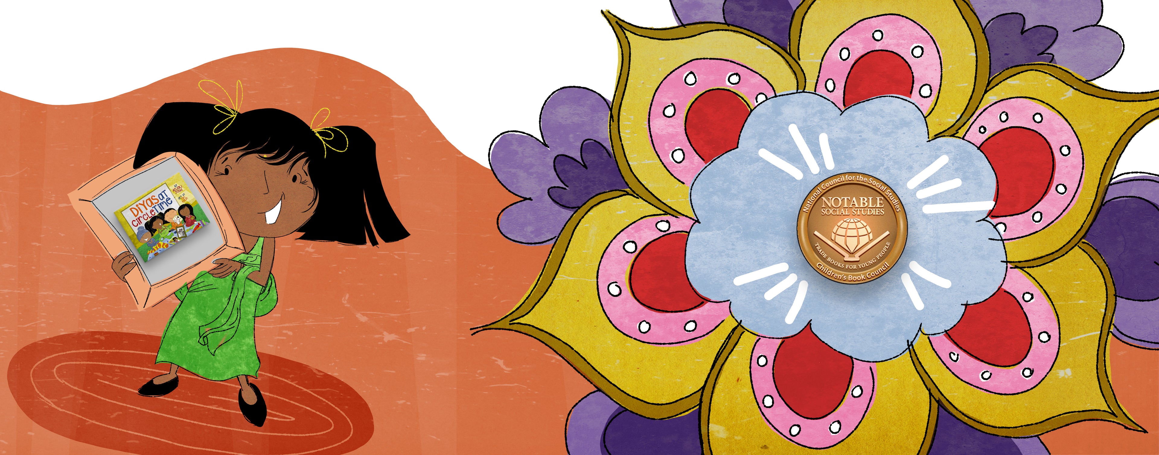 Illustration of a girl holding a framed picture of Diyas at Circle Time next to a colorful rangoli with an NSSTB award seal.