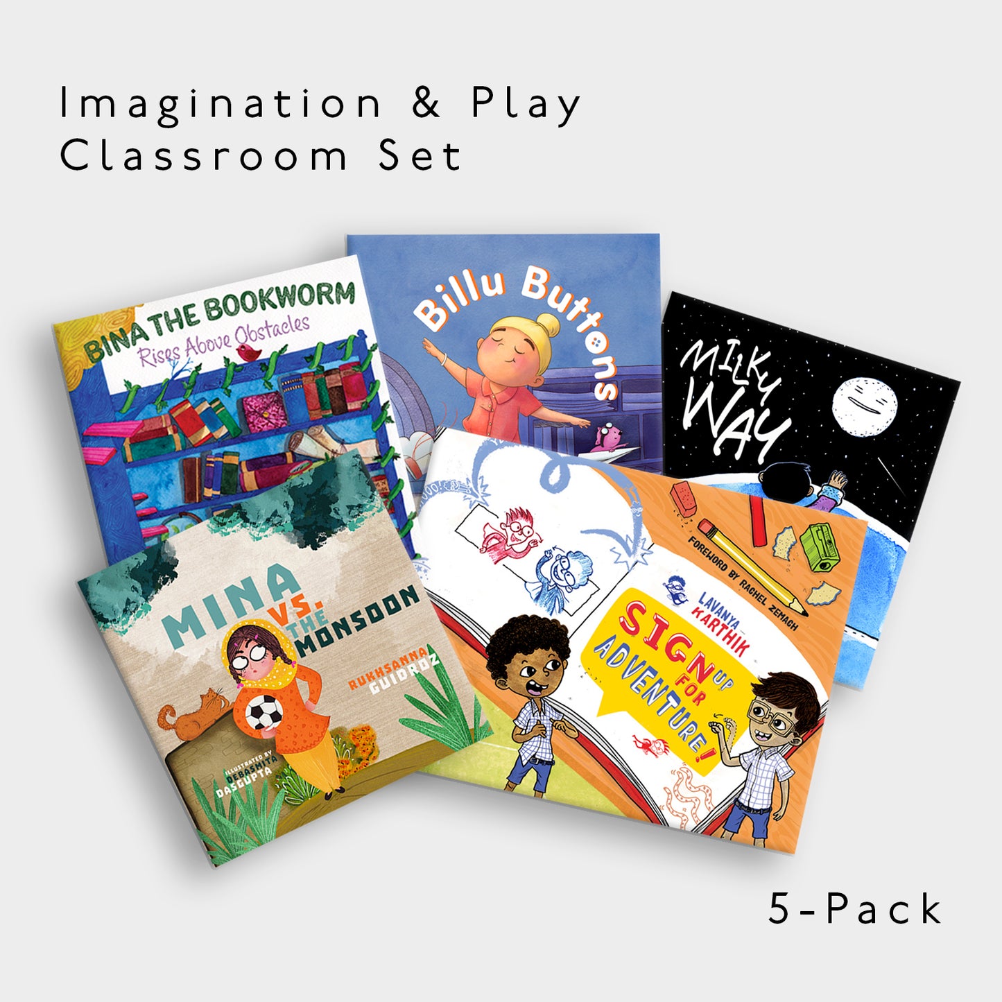 Set of children's books titled 'Bina the Bookworm', 'Billu Buttons', 'Milky Way', 'Mina vs. the Monsoon', and 'Sign Up for Adventure' on a gray background.