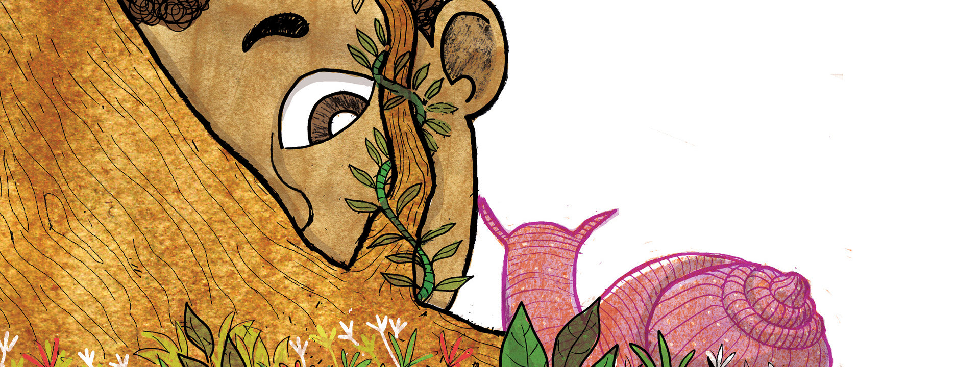 Illustration of a face with large eyes, a snail, and plants on a white background