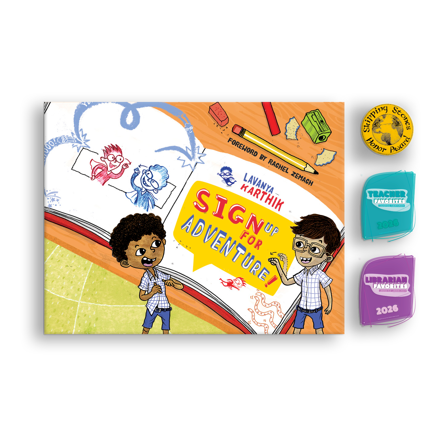 Cover for 'Sign Up for Adventure!' with Skipping Stones Award Seal, CBC Teacher Favorites and Librarian Favorites Seals 